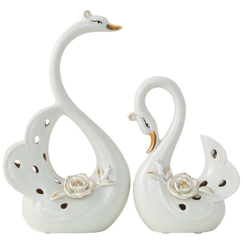 Modern Ceramic White Couple Swan Figurines Home Office Decoration